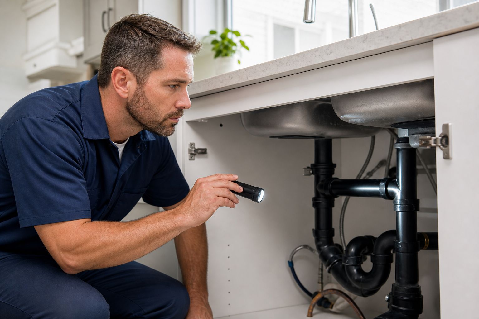 Licensed plumbing professional inspecting a kitchen sink